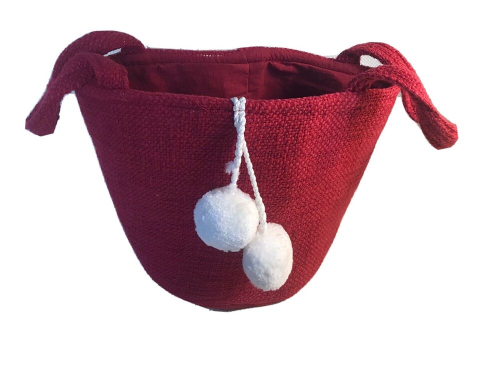HALLMARK RED FABRIC GIFT BAG/TOTE BAG 10.5" x 9" WITH WHITE POM-POMS